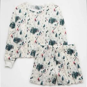 American Eagle Pajama Set Holiday Ski Print Women Large Chalk Luxe